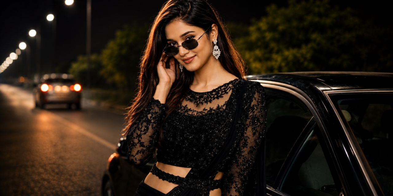 Luxury Night Black Saree AI Photo Editing Prompt | 8K Cinematic Portrait