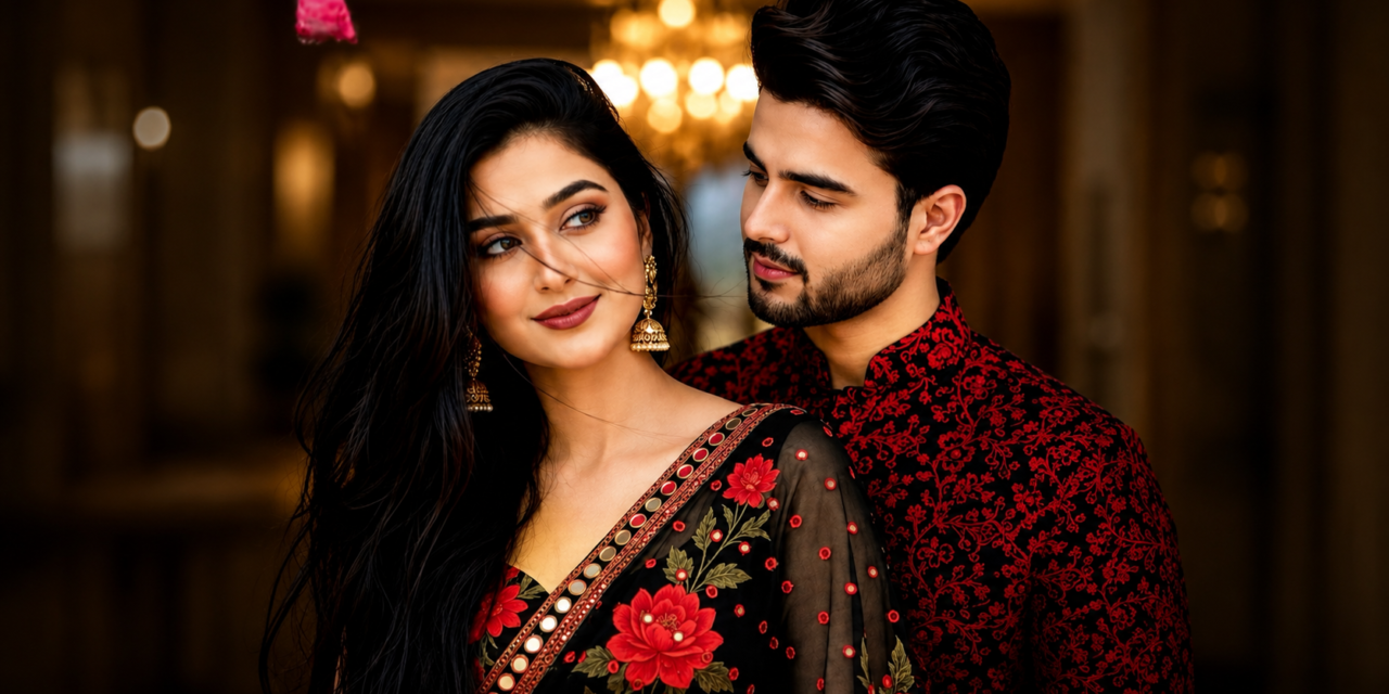 Romantic Couple Black Saree AI Photo Editing Prompt | 8K Cinematic Portrait