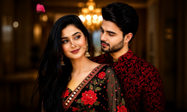 Romantic Couple Black Saree AI Photo Editing Prompt | 8K Cinematic Portrait