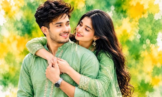 Romantic Green Traditional Couple AI Photo Editing Prompt | 8K Cinematic Portrait