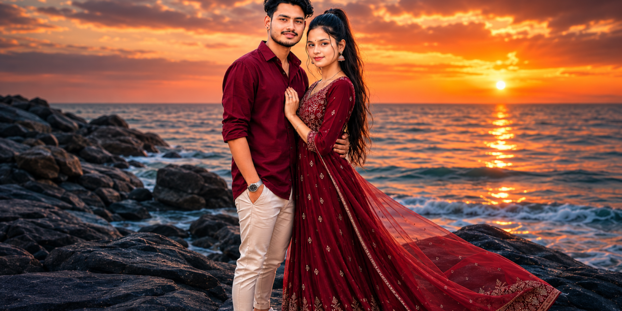Romantic Beach Sunset Couple Pose in Maroon Outfit | Full HD & 8K Portrait