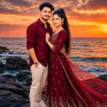Romantic Beach Sunset Couple Pose in Maroon Outfit | Full HD & 8K Portrait