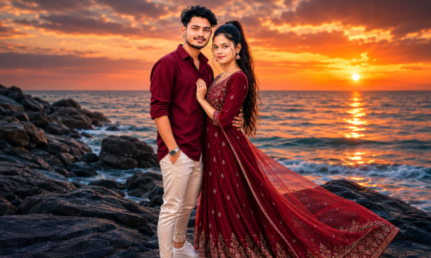 Romantic Beach Sunset Couple Pose in Maroon Outfit | Full HD & 8K Portrait