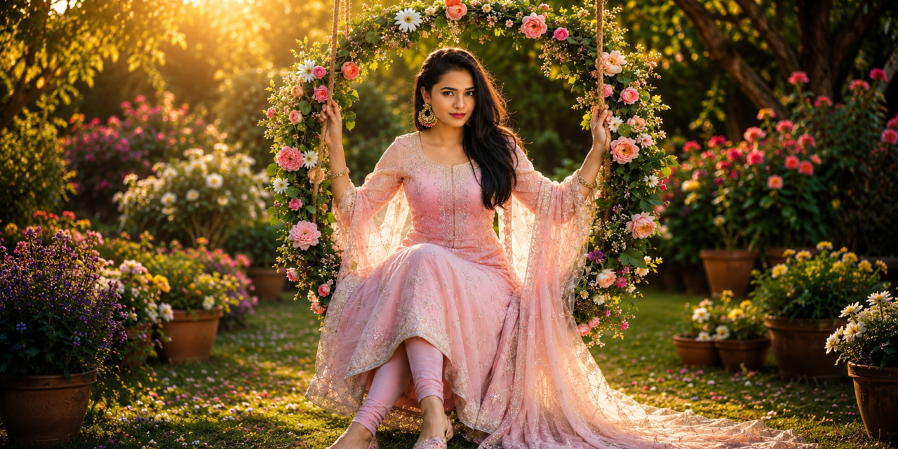Indian Girl AI Photo Editing Prompt – Ultra Realistic Floral Swing Traditional Dress