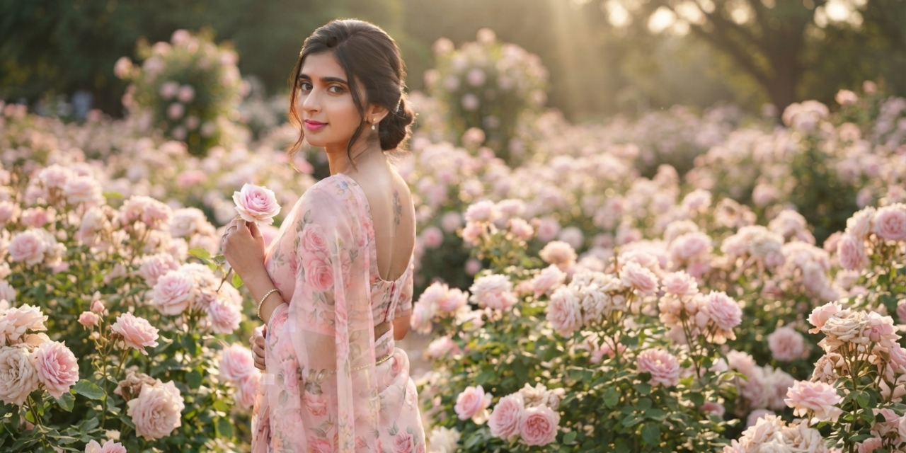 Elegant Rose Garden Saree Portrait