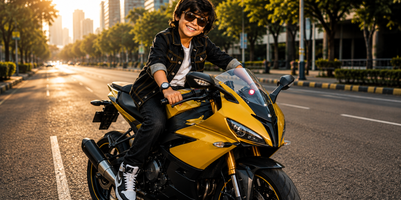 Kid on Bike AI Prompt – Realistic Sports Bike Photo Editing