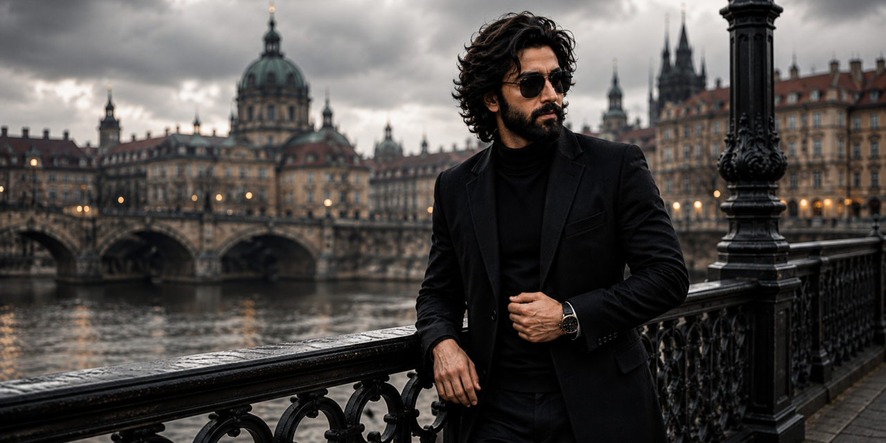 Men Portrait AI Prompt – Luxury Black Outfit Cinematic Editing