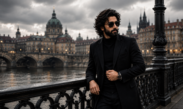 Men Portrait AI Prompt – Luxury Black Outfit Cinematic Editing
